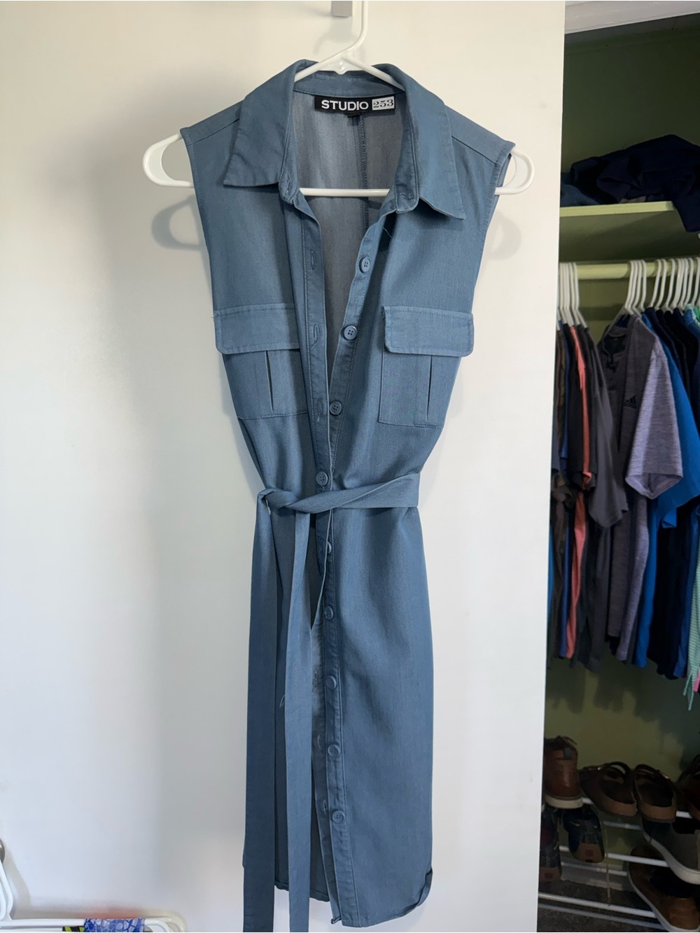 Studio Sleeveless Button-Front Shirt Dress in Slate Blue